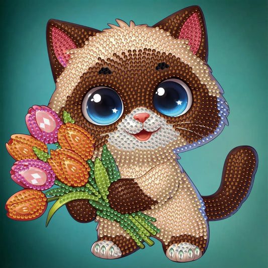 Diamond Painting Aufsteller "Katze mit Tulpen" - 19x19 cm - Strass-Steine