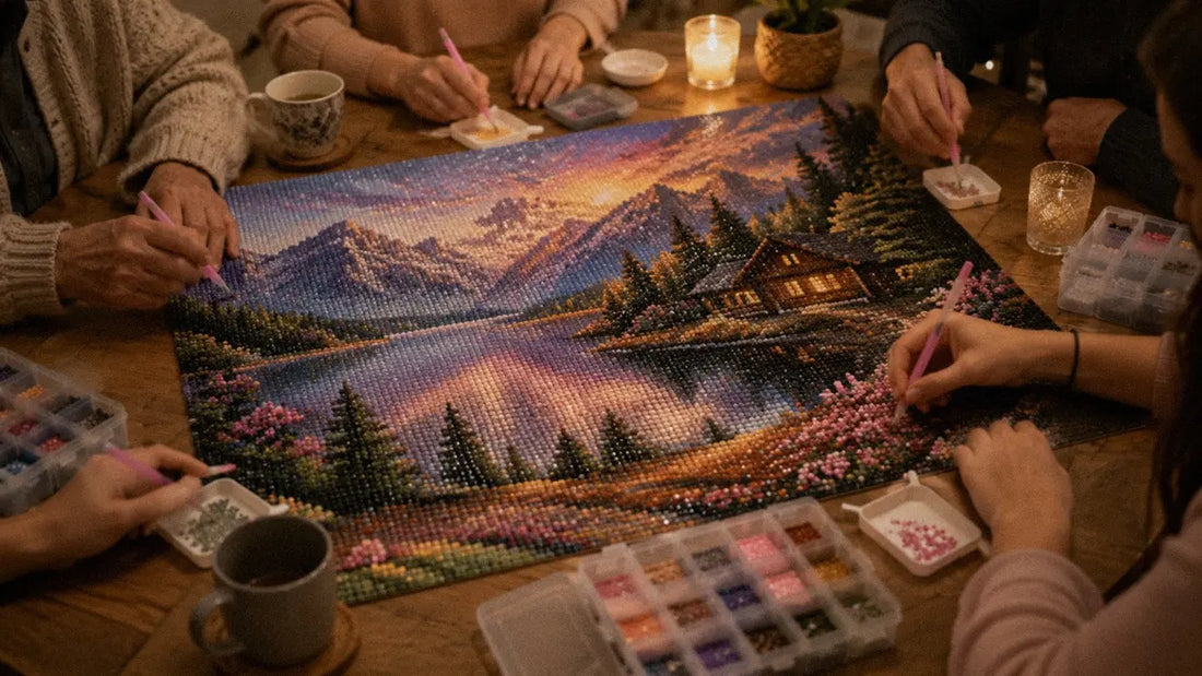 Diamond Painting als Gruppenaktivitaet am Tisch