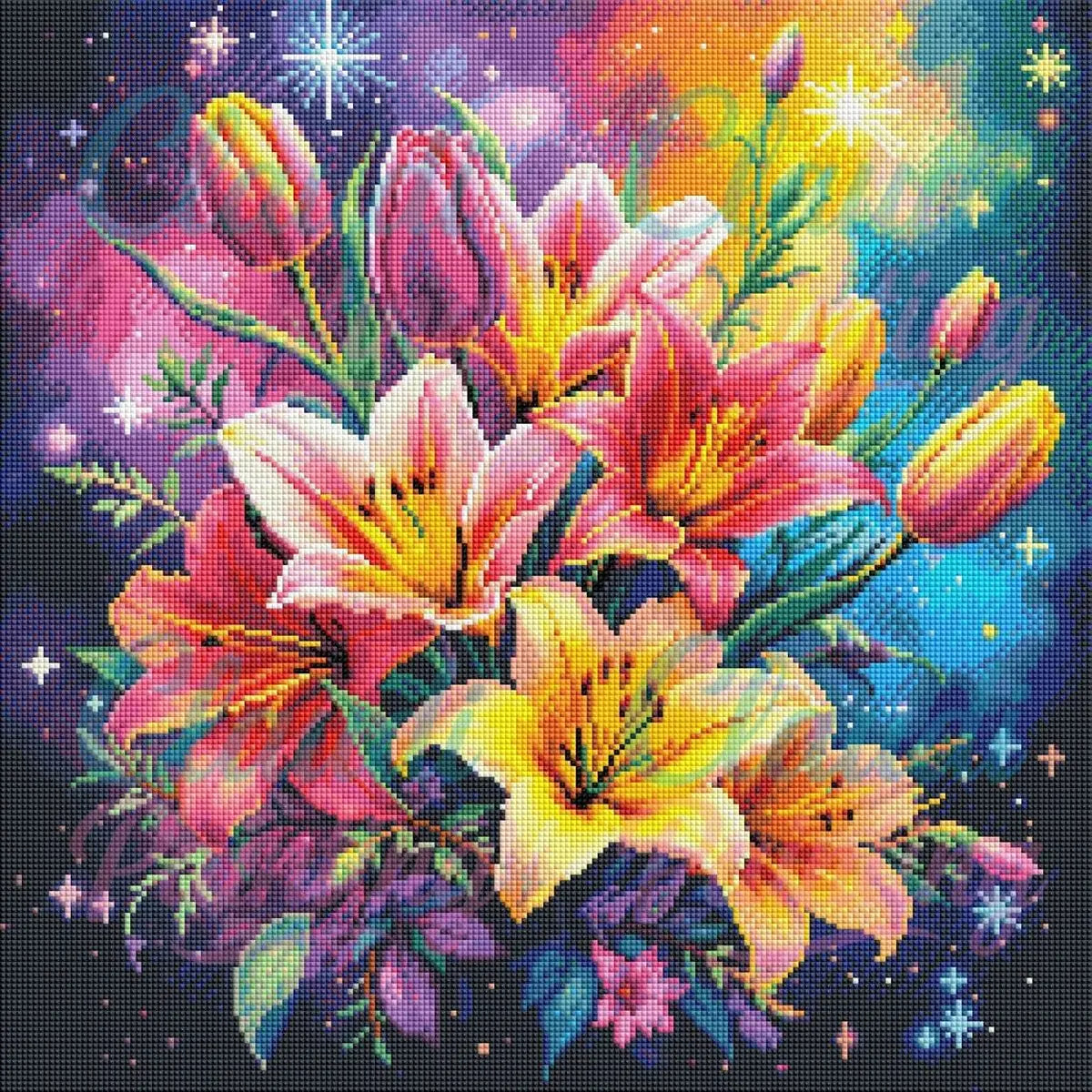 Diamond Painting Set "Blumen im Sternenmeer" - 50x50 cm - Eckig - 10 Sonderfarben