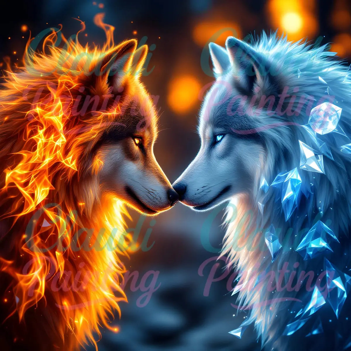 Diamond Painting Set "Feuer und Eis Wölfe" - 50x50 cm - Eckig - 10 Sonderfarben