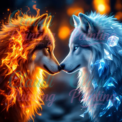 Diamond Painting Set "Feuer und Eis Wölfe" - 50x50 cm - Eckig - 10 Sonderfarben