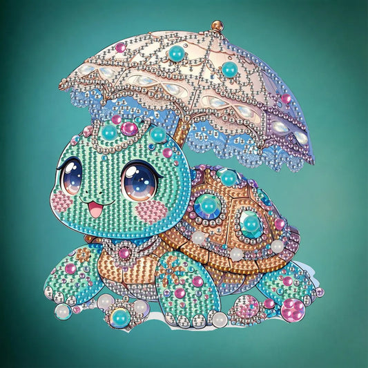 Diamond Painting Aufsteller "Schildkröte mit Schirm" - 17x19 cm - Strass-Steine