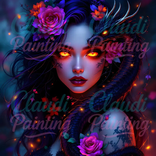 Diamond Painting Set "Drachen Prinzessin" - 50x50 cm - Eckig - 8 Sonderfarben