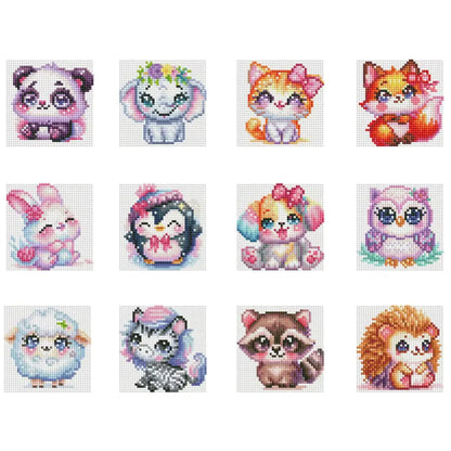 Diamond Painting Set "12er Set Süße Tierfreunde" - 12x 10x10 cm - Eckige Steine - 27 Sonderfarben