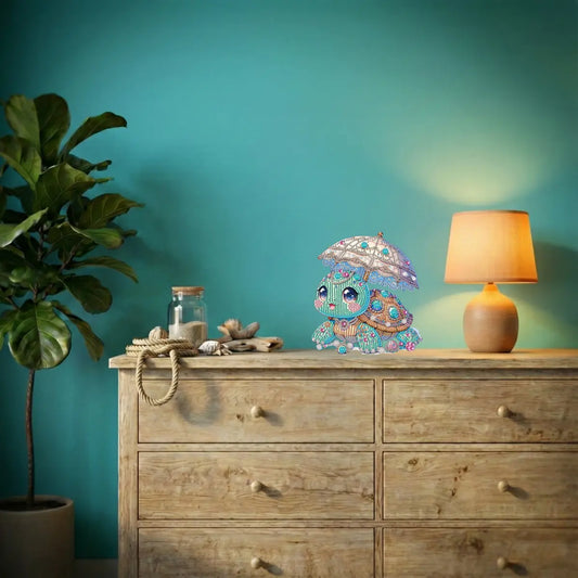 Diamond Painting Aufsteller "Schildkröte mit Schirm" - 17x19 cm - Strass-Steine