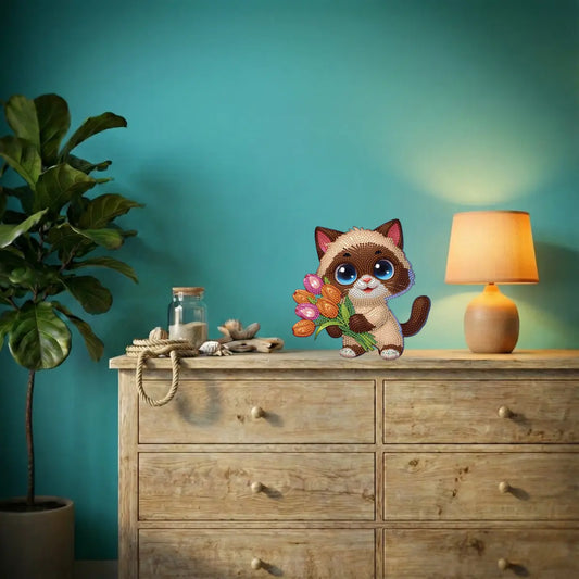 Diamond Painting Aufsteller "Katze mit Tulpen" - 19x19 cm - Strass-Steine