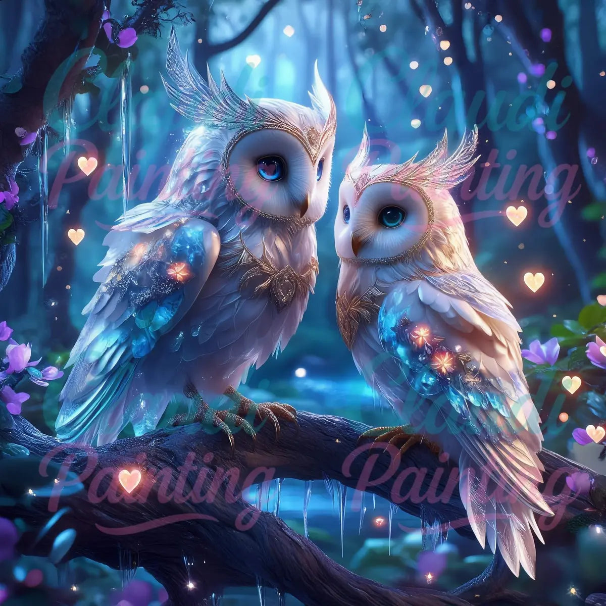 Diamond Painting Set "Eulen Paar" - 50x50 cm - Eckig - 10 Sonderfarben