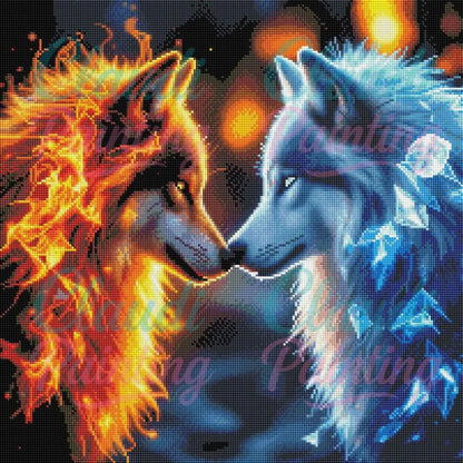 Diamond Painting Set "Feuer und Eis Wölfe" - 50x50 cm - Eckig - 10 Sonderfarben