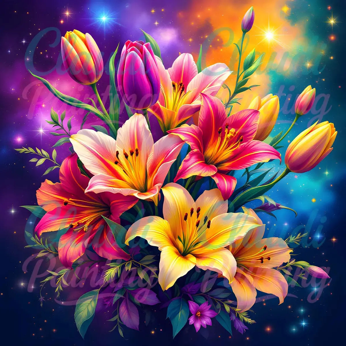Diamond Painting Set "Blumen im Sternenmeer" - 50x50 cm - Eckig - 10 Sonderfarben