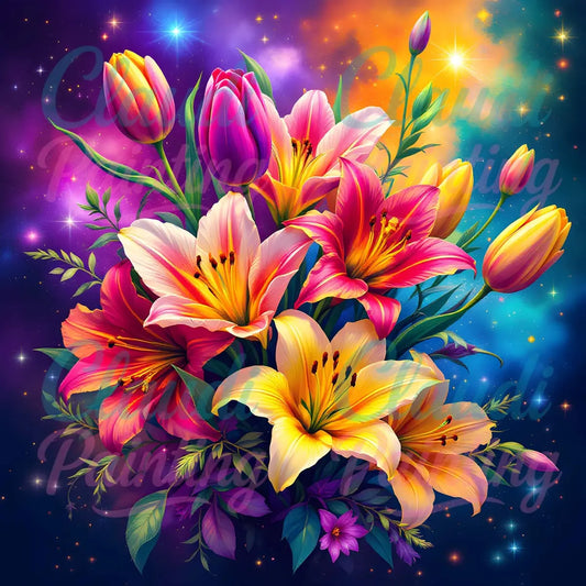 Diamond Painting Set "Blumen im Sternenmeer" - 50x50 cm - Eckig - 10 Sonderfarben