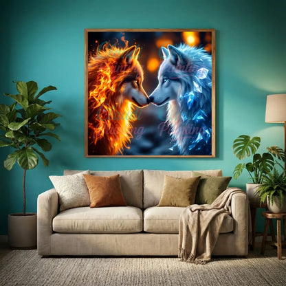 Diamond Painting Set "Feuer und Eis Wölfe" - 50x50 cm - Eckig - 10 Sonderfarben