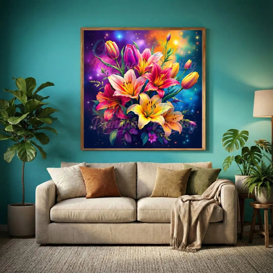 Diamond Painting Set "Blumen im Sternenmeer" - 50x50 cm - Eckig - 10 Sonderfarben