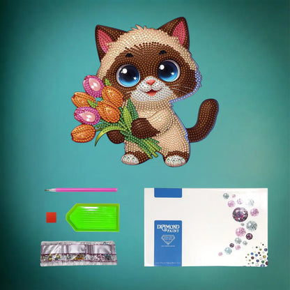 Diamond Painting Aufsteller "Katze mit Tulpen" - 19x19 cm - Strass-Steine